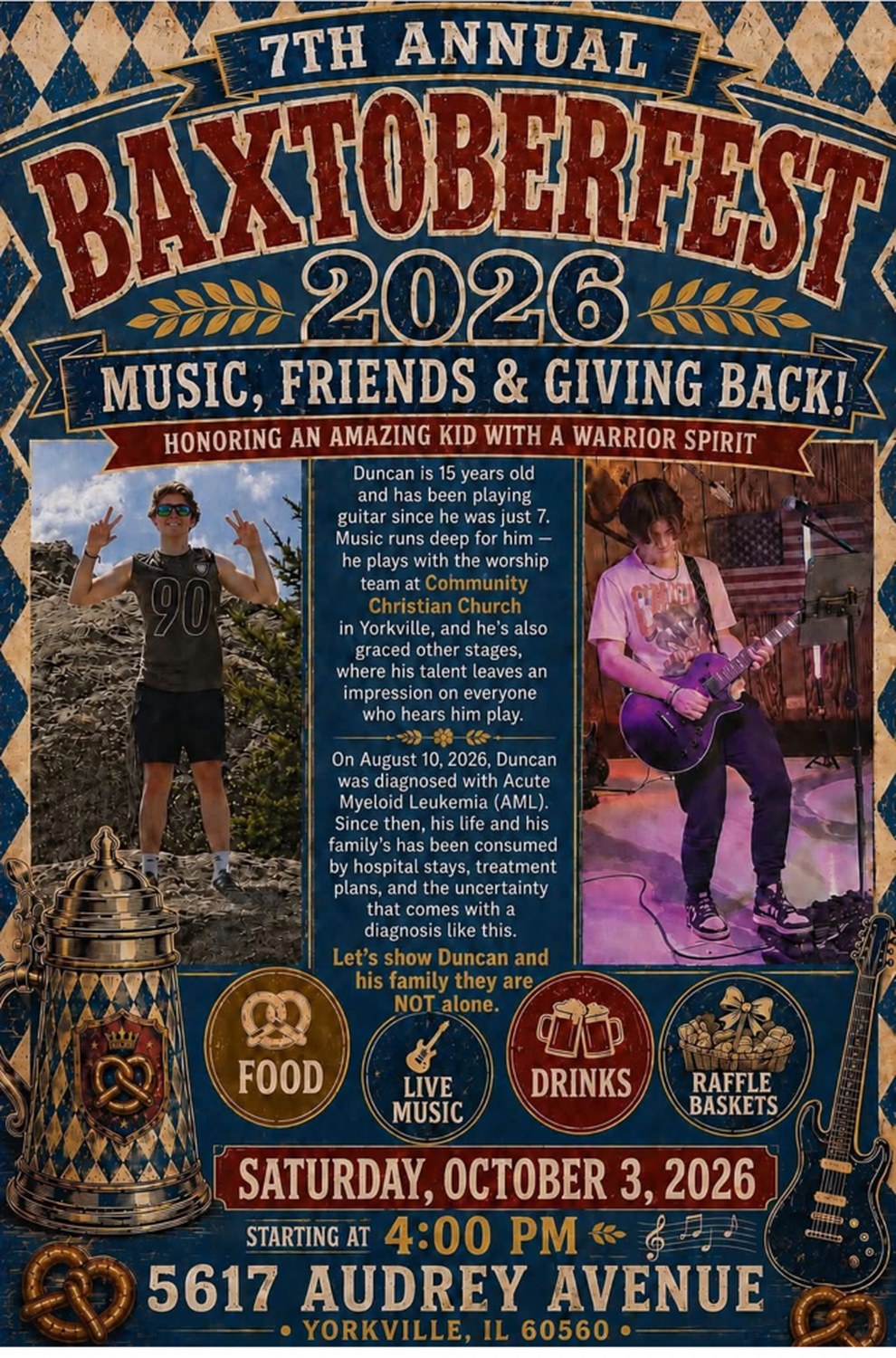 Official 7th Annual Baxtoberfest 2026 flyer — Music, Friends & Giving Back, honoring Duncan